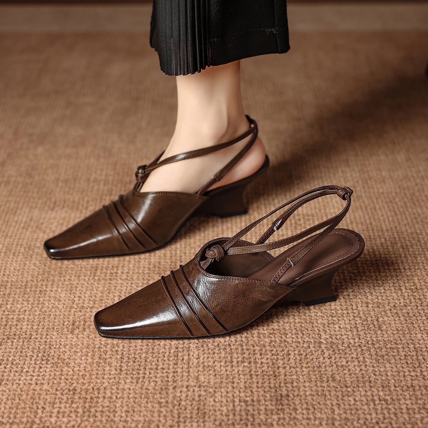 Premium Handmade Washed Leather Wedge Sandals, Women's Knotted Slingback Square Toe Shoes