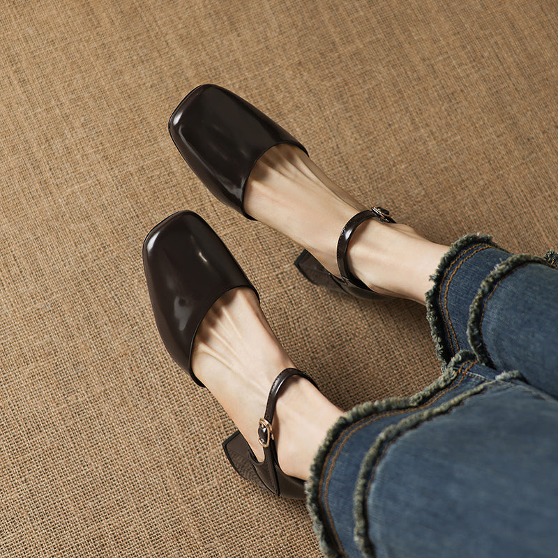 Women's Full-Grain Cowhide Mary Jane Block Heel Sandals, Handmade Leather Square Toe Heels