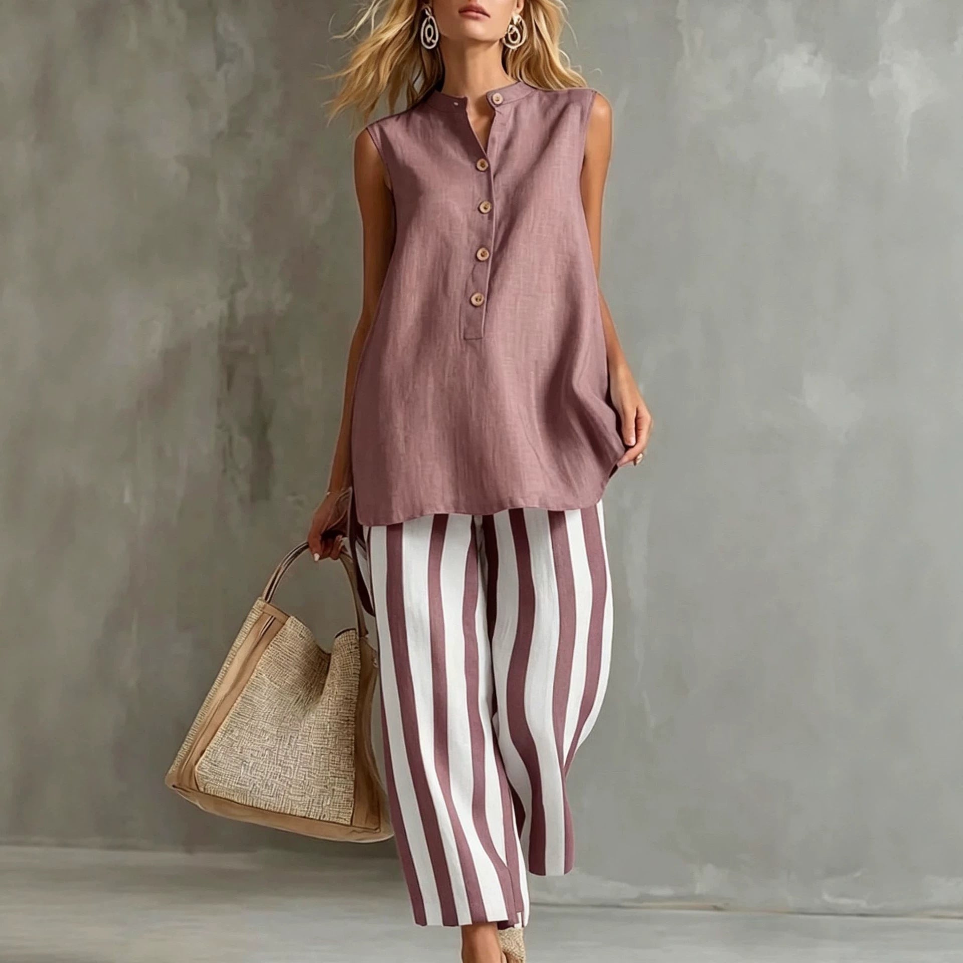 Casual Sleeveless Shirt Top And Striped Wide-Leg Pants Two-Piece Set