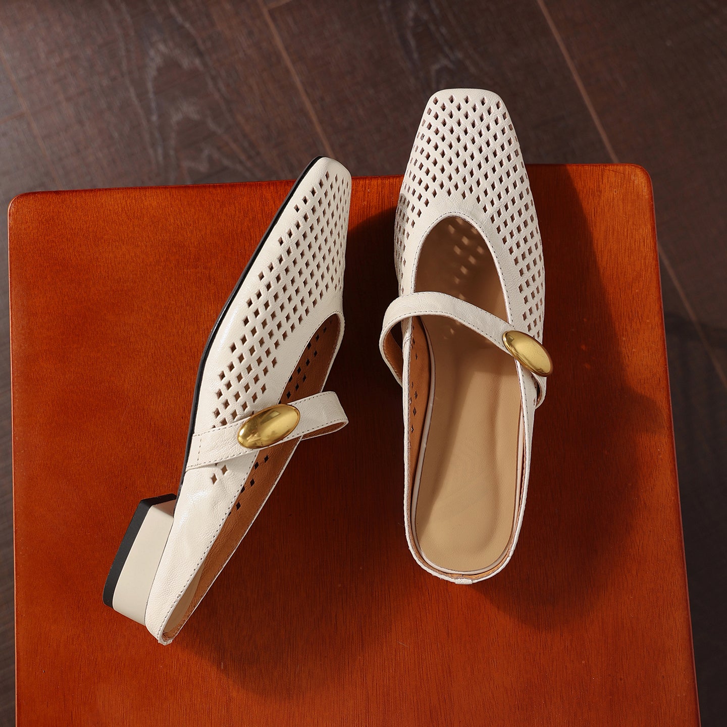 Women's Premium Full-Grain Sheepskin Perforated Mary Jane Mules, Low Block Heel Square Toe Slides