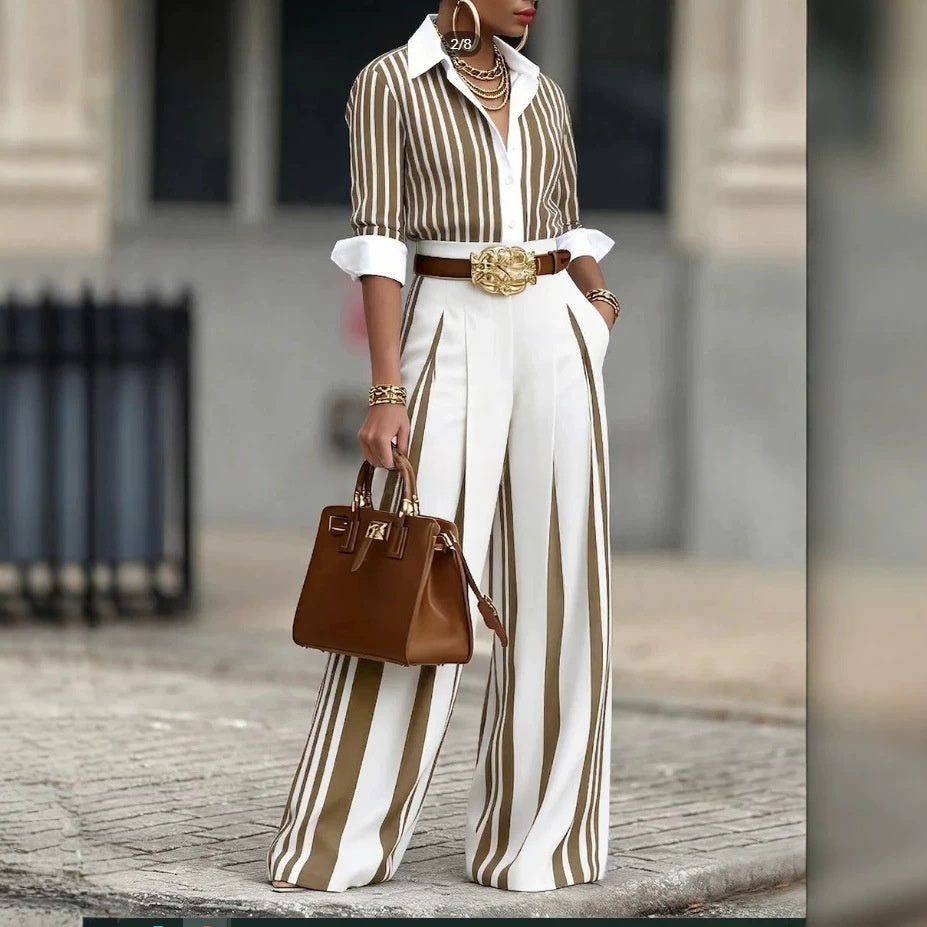 Striped Shirt And Vertical-striped Wide-leg Pants Set