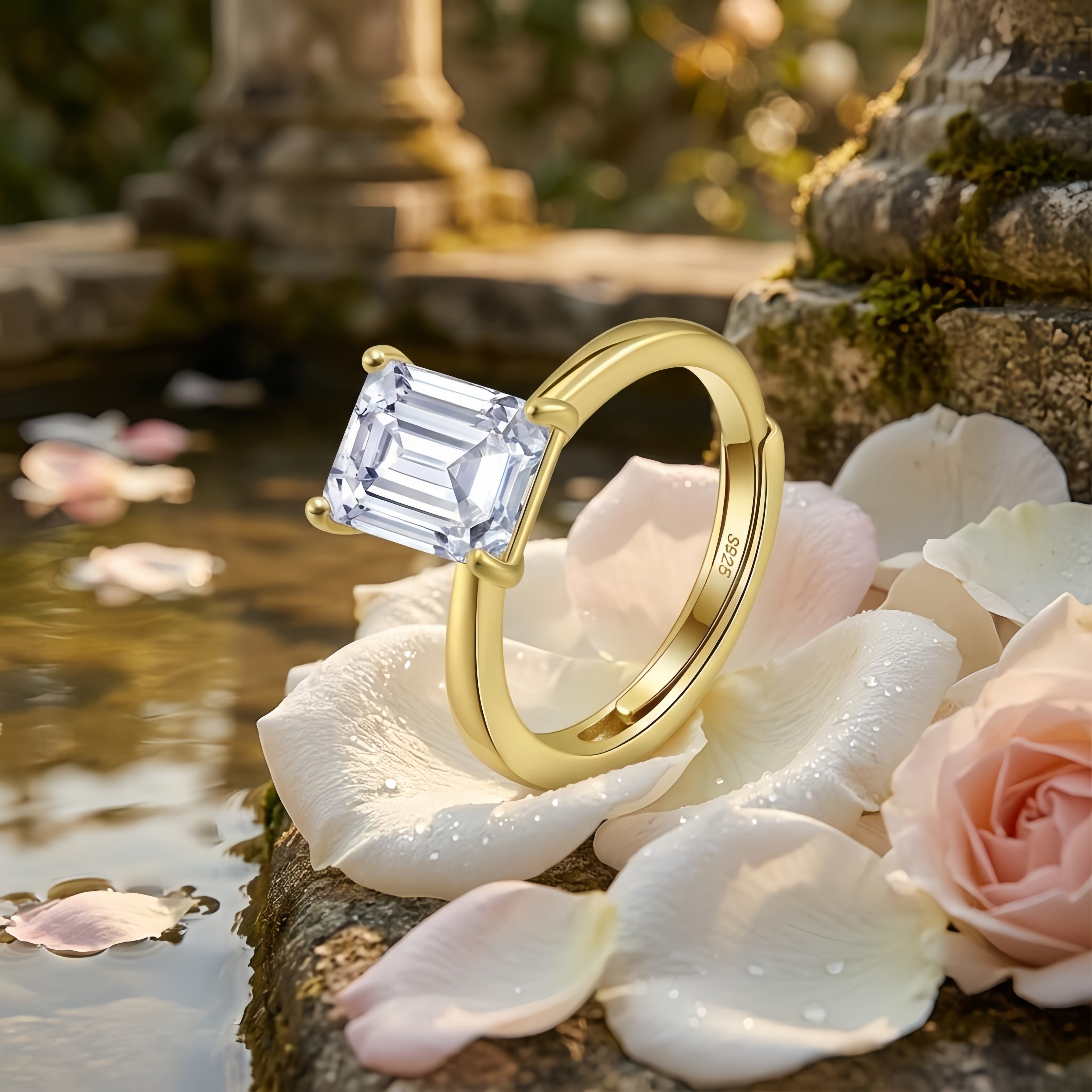 925 Sterling Silver Elegant Gold-Plated  Ring with Square-Cut CZ Centerpiece