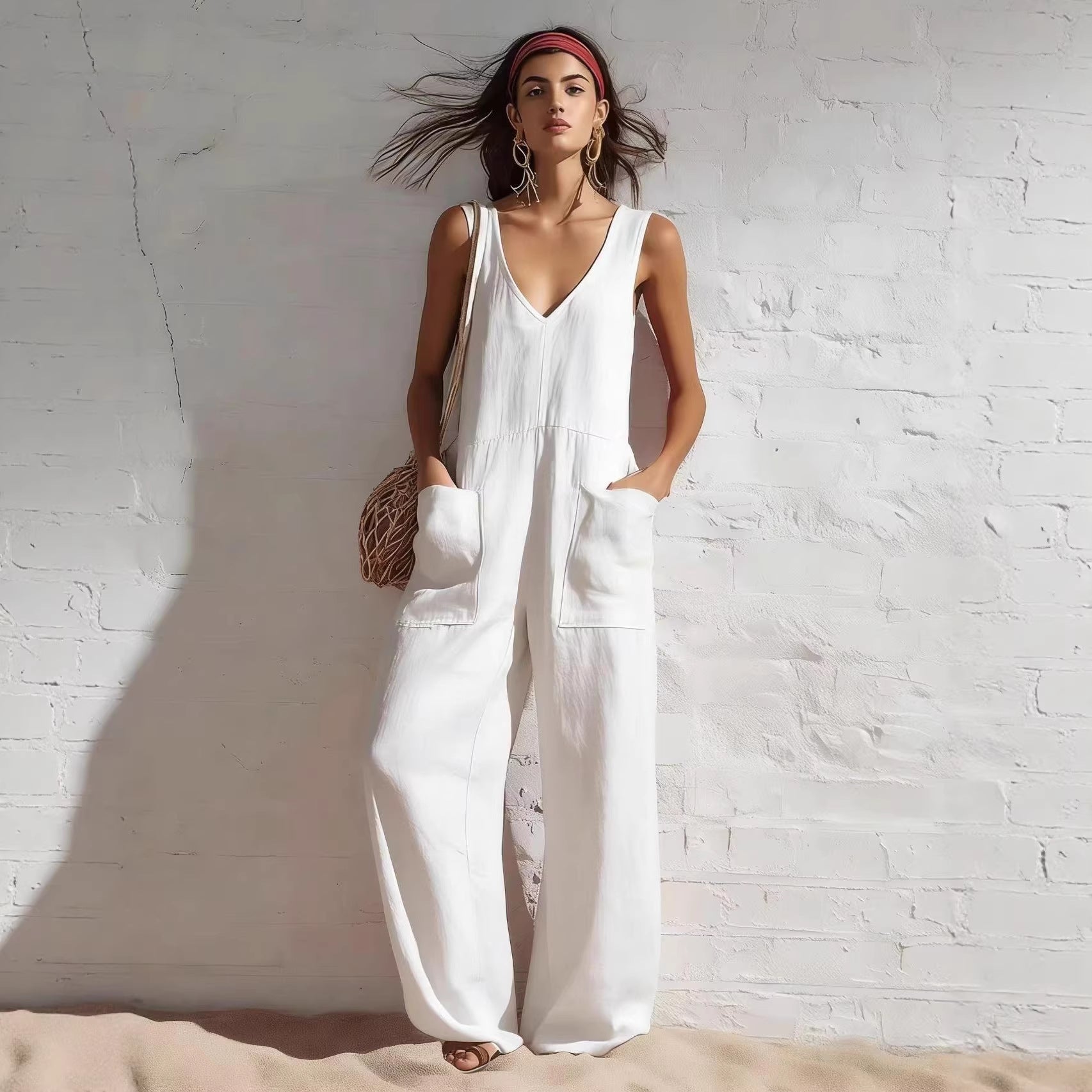 Womens Sleeveless V-Neck Pocketed Casual Jumpsuit