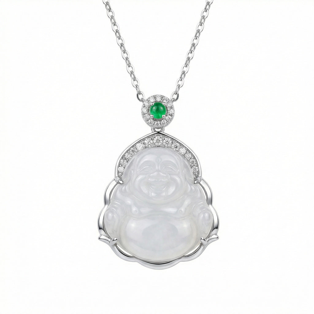 925 Sterling Silver Elegant White Jade Laughing Buddha Pendant Necklace with Vibrant Green Jadeite and Shimmering Accents