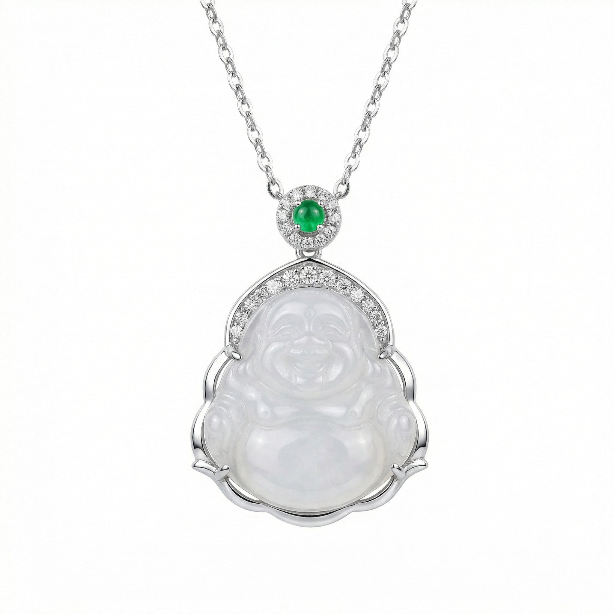 925 Sterling Silver Elegant White Jade Laughing Buddha Pendant Necklace with Vibrant Green Jadeite and Shimmering Accents