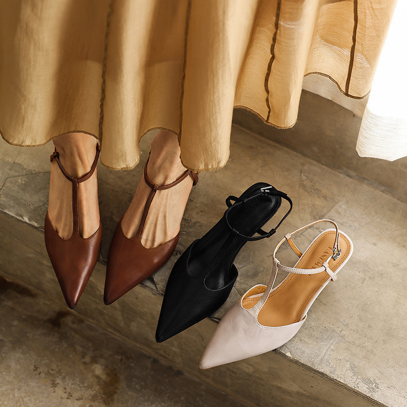 Women's Handmade Washed Full-Grain Lambskin T-Strap Slingback Heels, Vintage Pointed Toe Kitten Heel Sandals