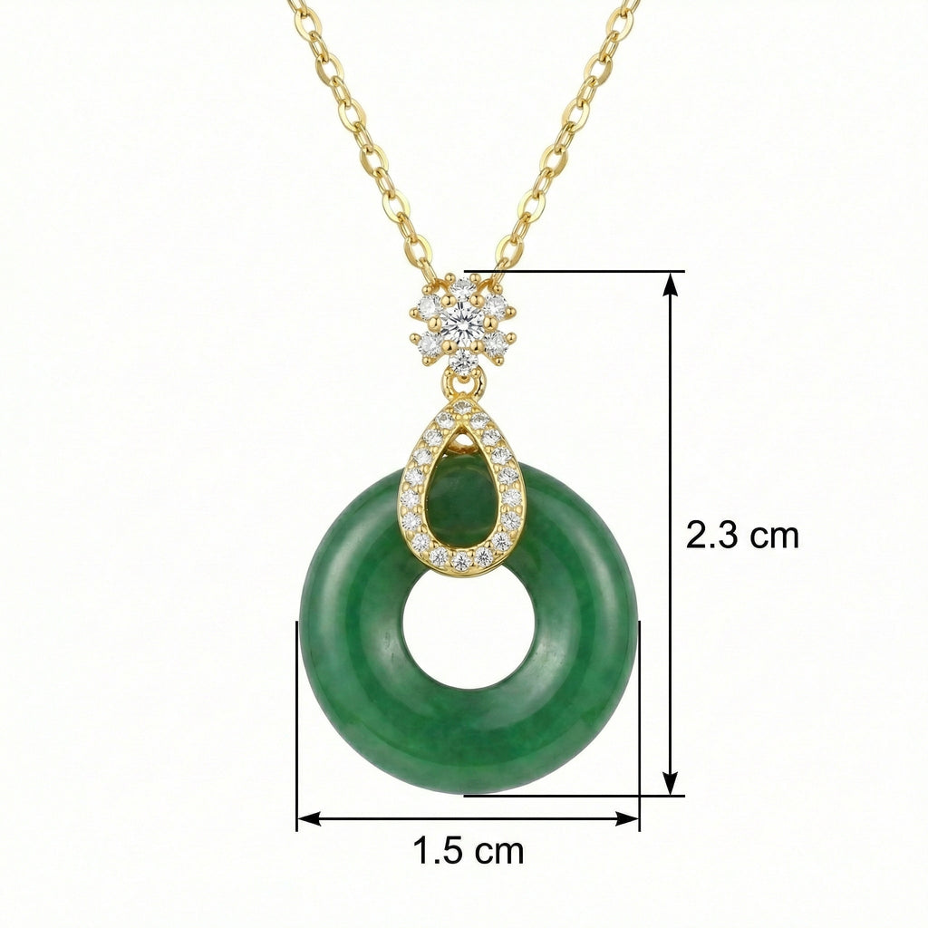 925 Sterling Silver Elegant Green Jade Donut Pendant Necklace with Sparkling Floral Accents
