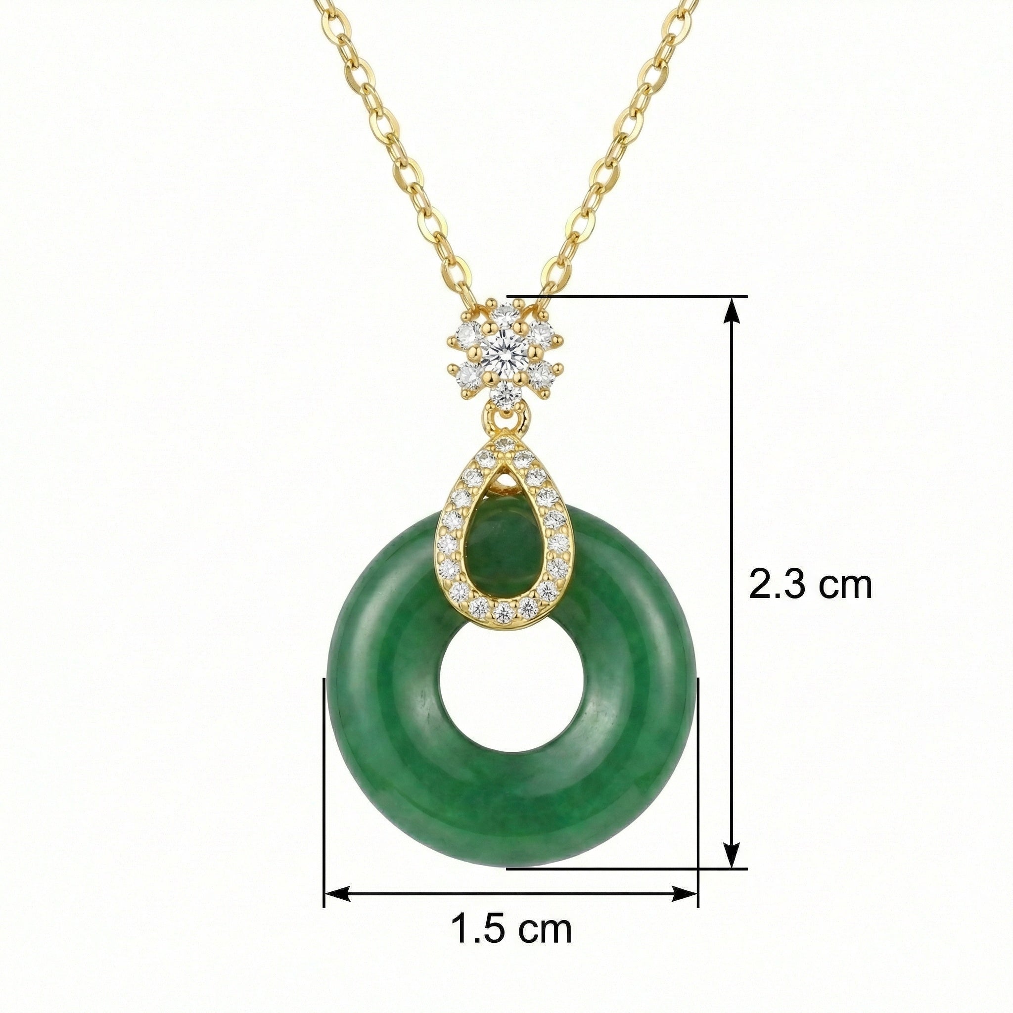 925 Sterling Silver Elegant Green Jade Donut Pendant Necklace with Sparkling Floral Accents