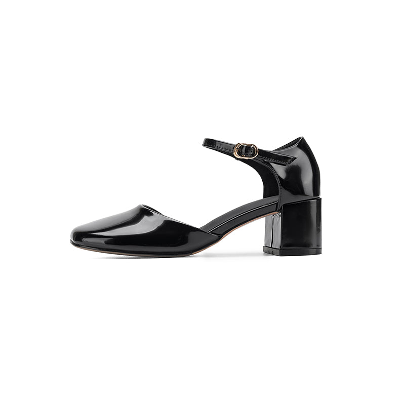 Women's Full-Grain Cowhide Mary Jane Block Heel Sandals, Handmade Leather Square Toe Heels