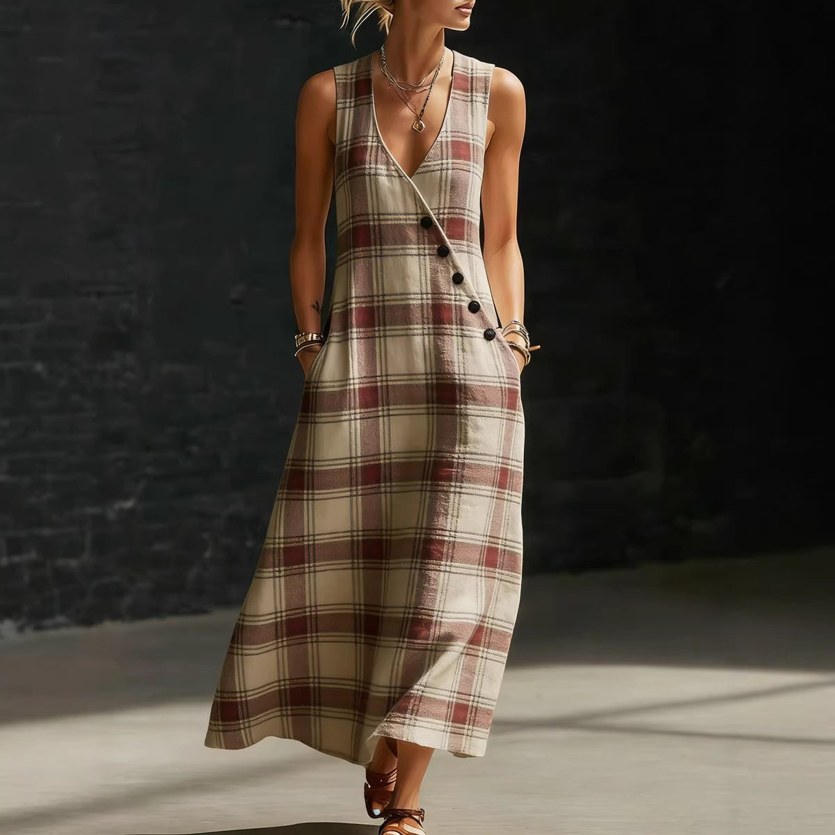 Womens Loose V-Neck Slant-Button Dress