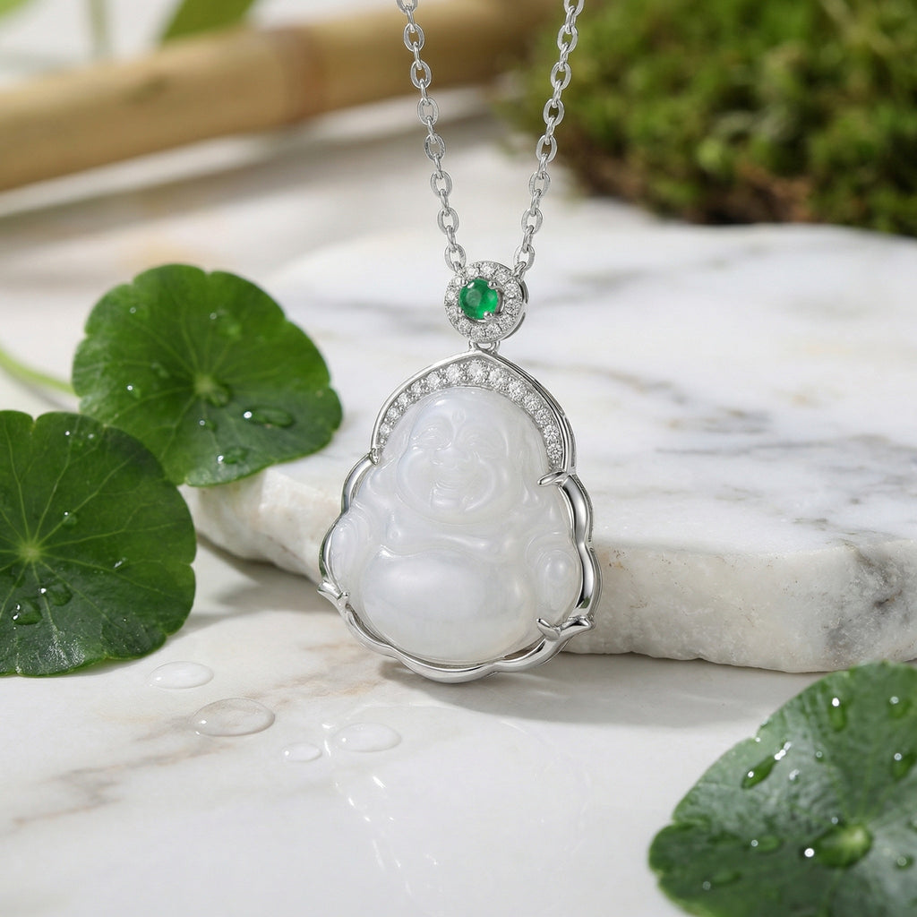 925 Sterling Silver Elegant White Jade Laughing Buddha Pendant Necklace with Vibrant Green Jadeite and Shimmering Accents