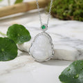 925 Sterling Silver Elegant White Jade Laughing Buddha Pendant Necklace with Vibrant Green Jadeite and Shimmering Accents