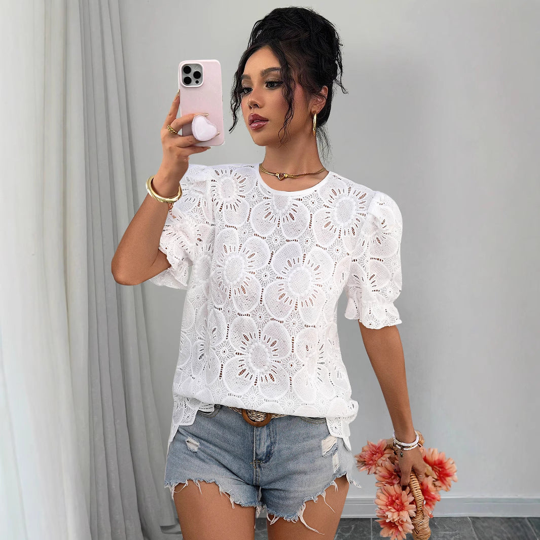 Casual Hollow-Out Lace Puff-Sleeve Shirt Top