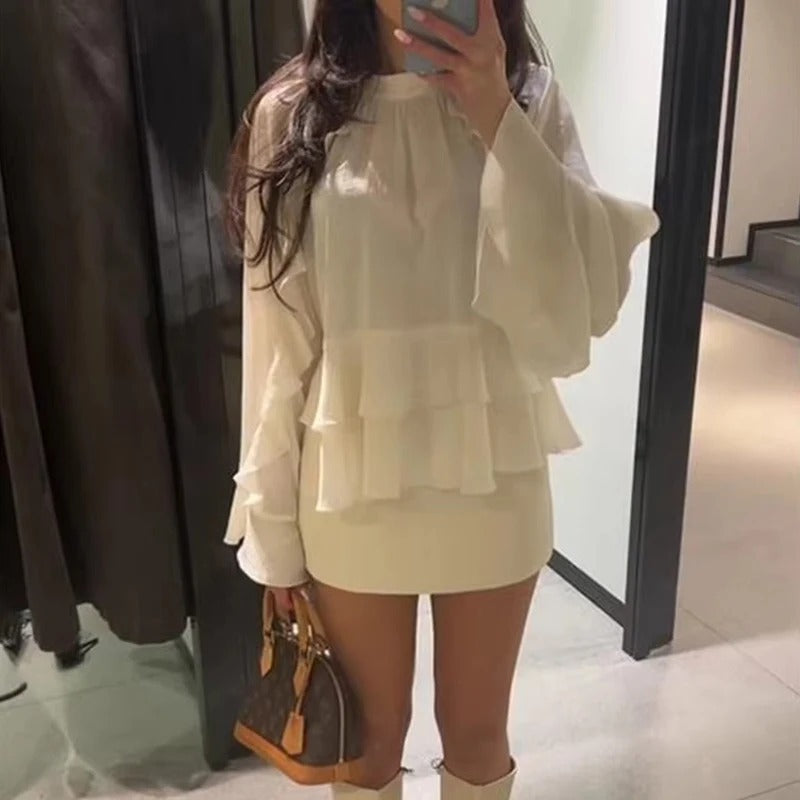 Women's Autumn Satin Top With Ruffle Sleeves