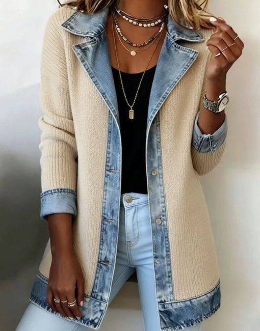 Denim Patchwork Suit Collar Coat Womens Top