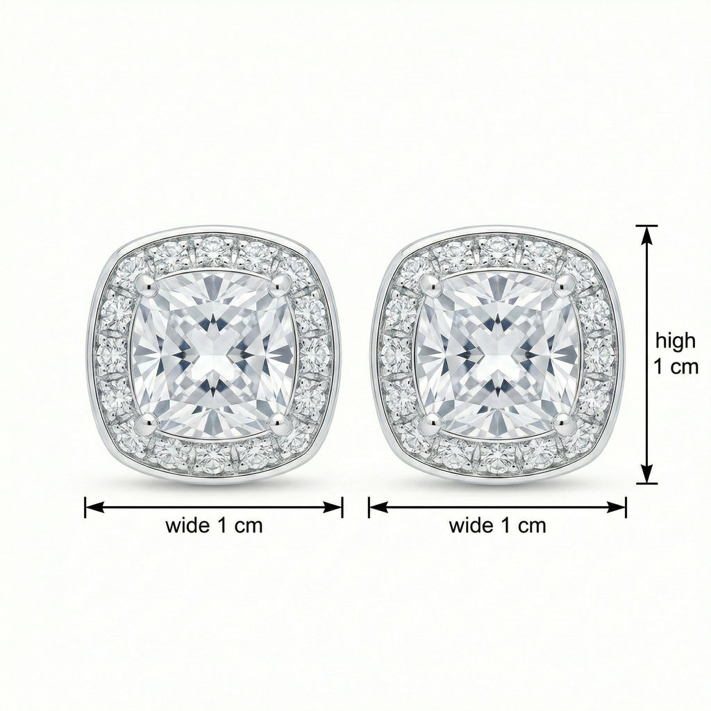 925 Sterling Silver Stunning Cushion-Cut Halo Stud Earrings in Polished White Finish