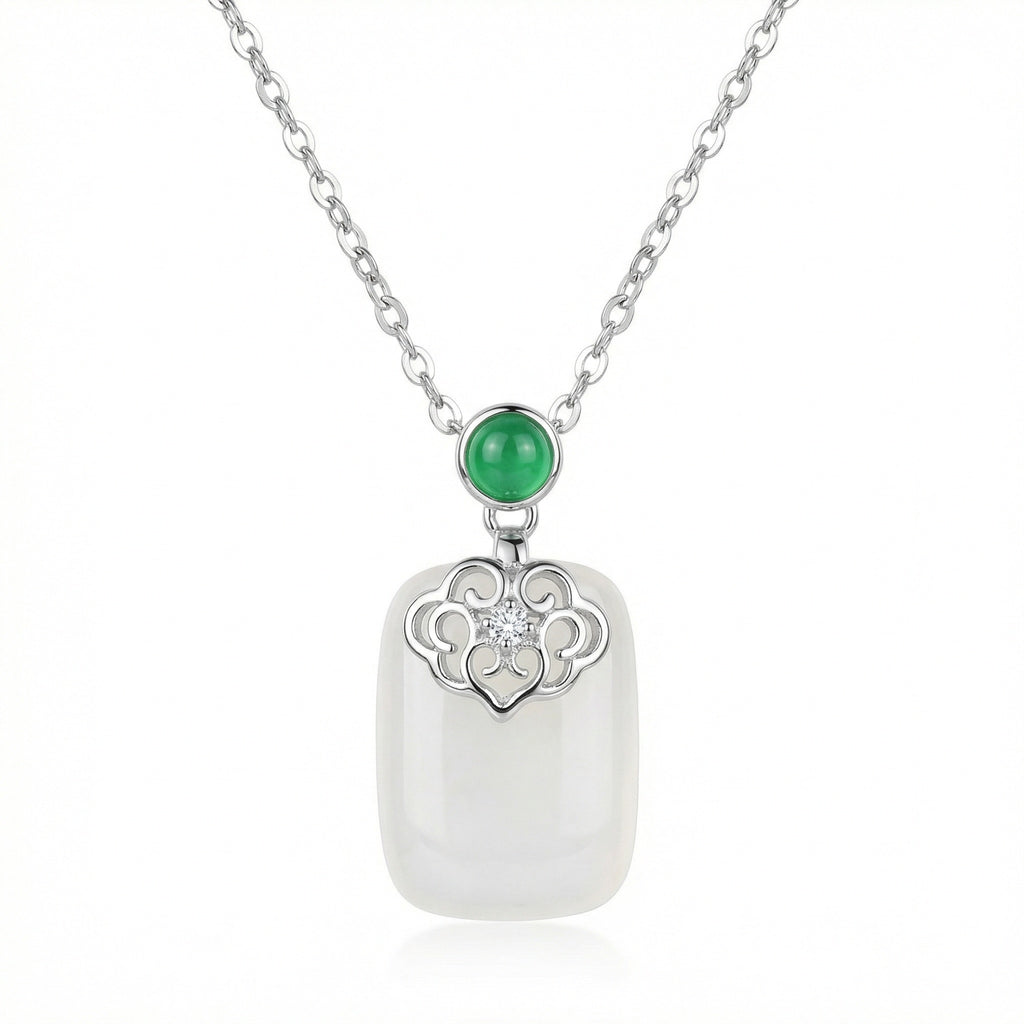 925 Sterling Silver Elegant White Jade and Green Gemstone Filigree Pendant Necklace in Sterling Silver