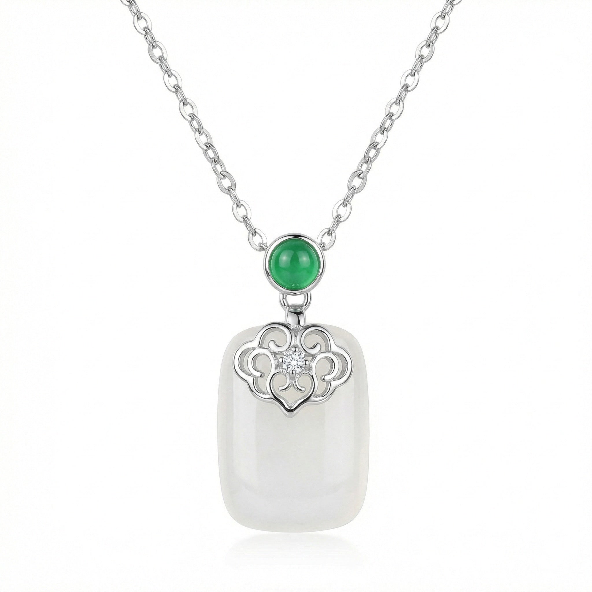 925 Sterling Silver Elegant White Jade and Green Gemstone Filigree Pendant Necklace in Sterling Silver