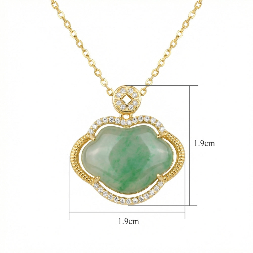 925 Sterling Silver Elegant Jadeite Ruyi Pendant Necklace with Shimmering Gemstone Accents and Polished Chain