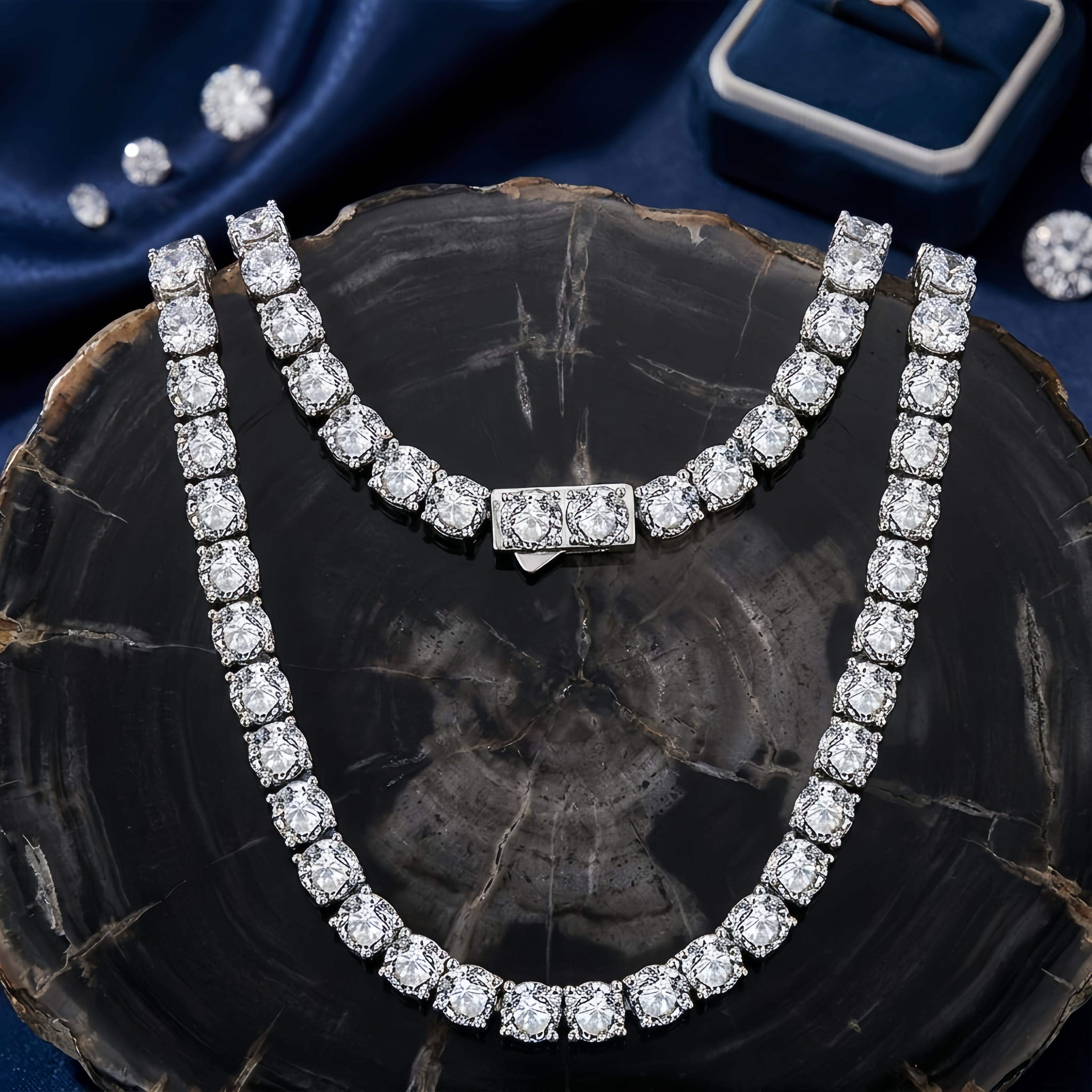 925 Sterling Silver Elegant Multi-Row CZ Necklace Sparkling White Gold Chain
