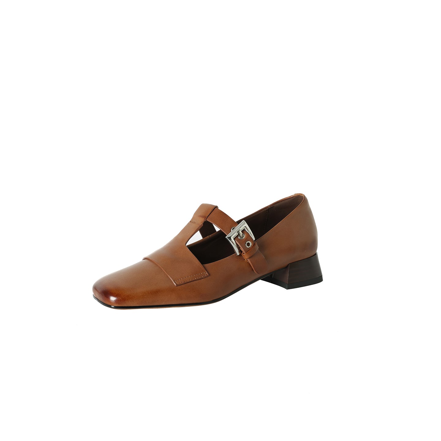 Women's Handmade Full-Grain Leather Mary Jane Shoes, Vintage Square Toe T-Strap Buckle Low Block Heel Pumps