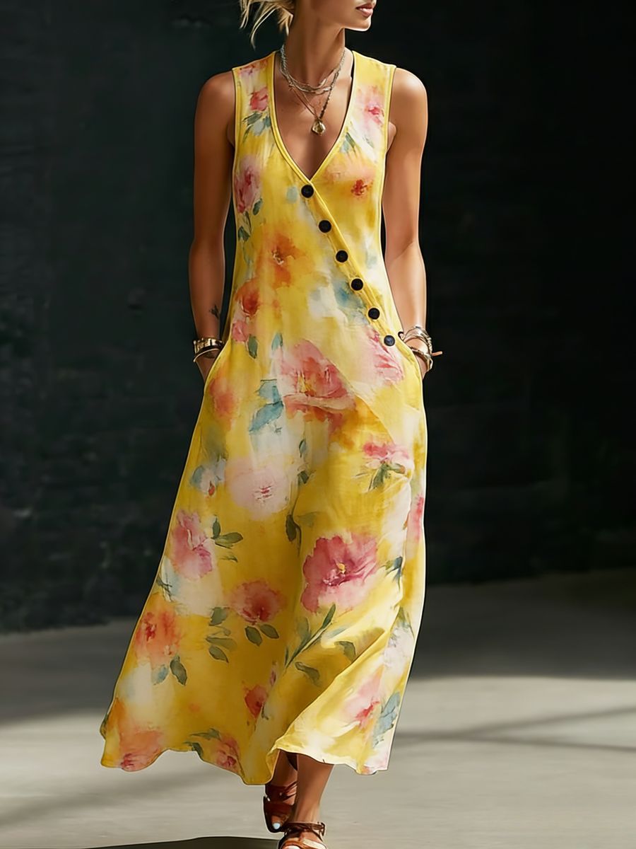 Womens Loose V-Neck Slant-Button Dress