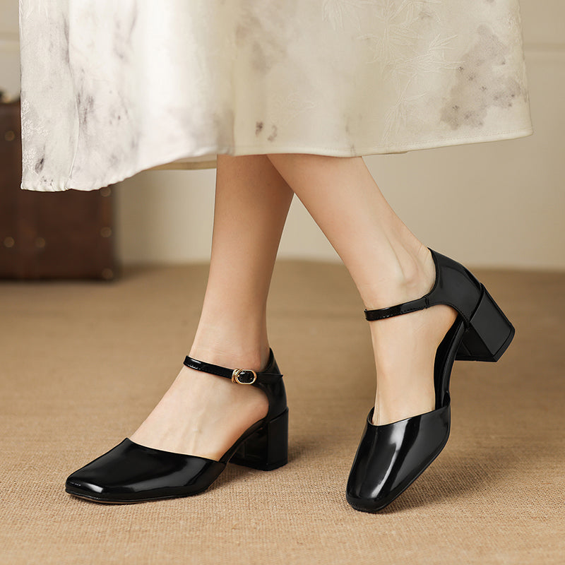 Women's Full-Grain Cowhide Mary Jane Block Heel Sandals, Handmade Leather Square Toe Heels
