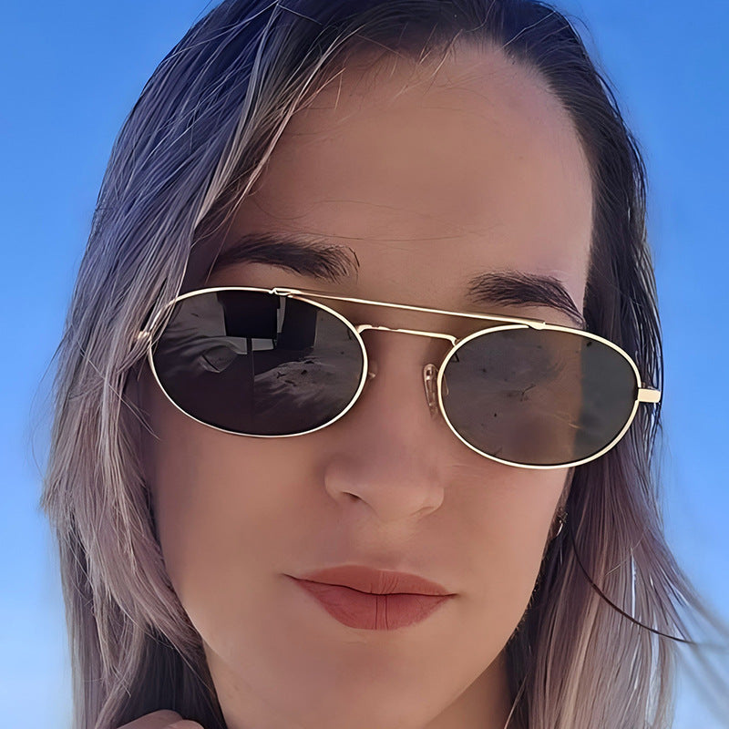 Retro Oval Fashionable Dual-Beam Metal Sunglasses For Sun Protection