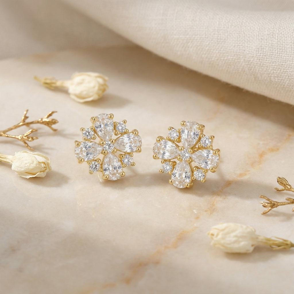 925 Sterling Silver Radiant Floral Motif Studs Featuring Pear and Round Brilliant Cut Gemstones in Gilded Setting