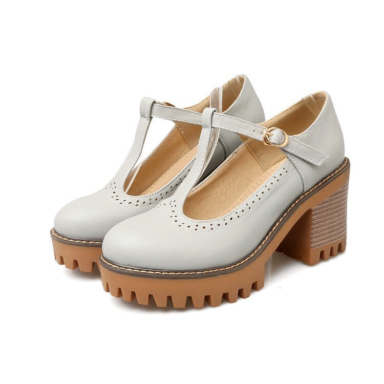 Korean-style Low-Top Single-Buckle Japanese-Style Retro Lace-trimmed Thick-soled Womens High Heels