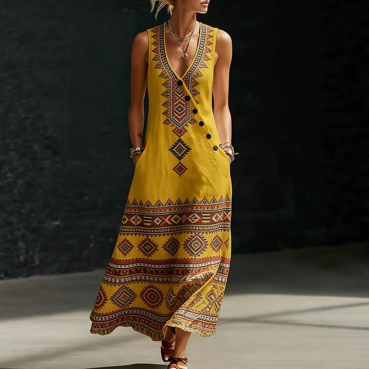 Womens Loose V-Neck Slant-Button Dress
