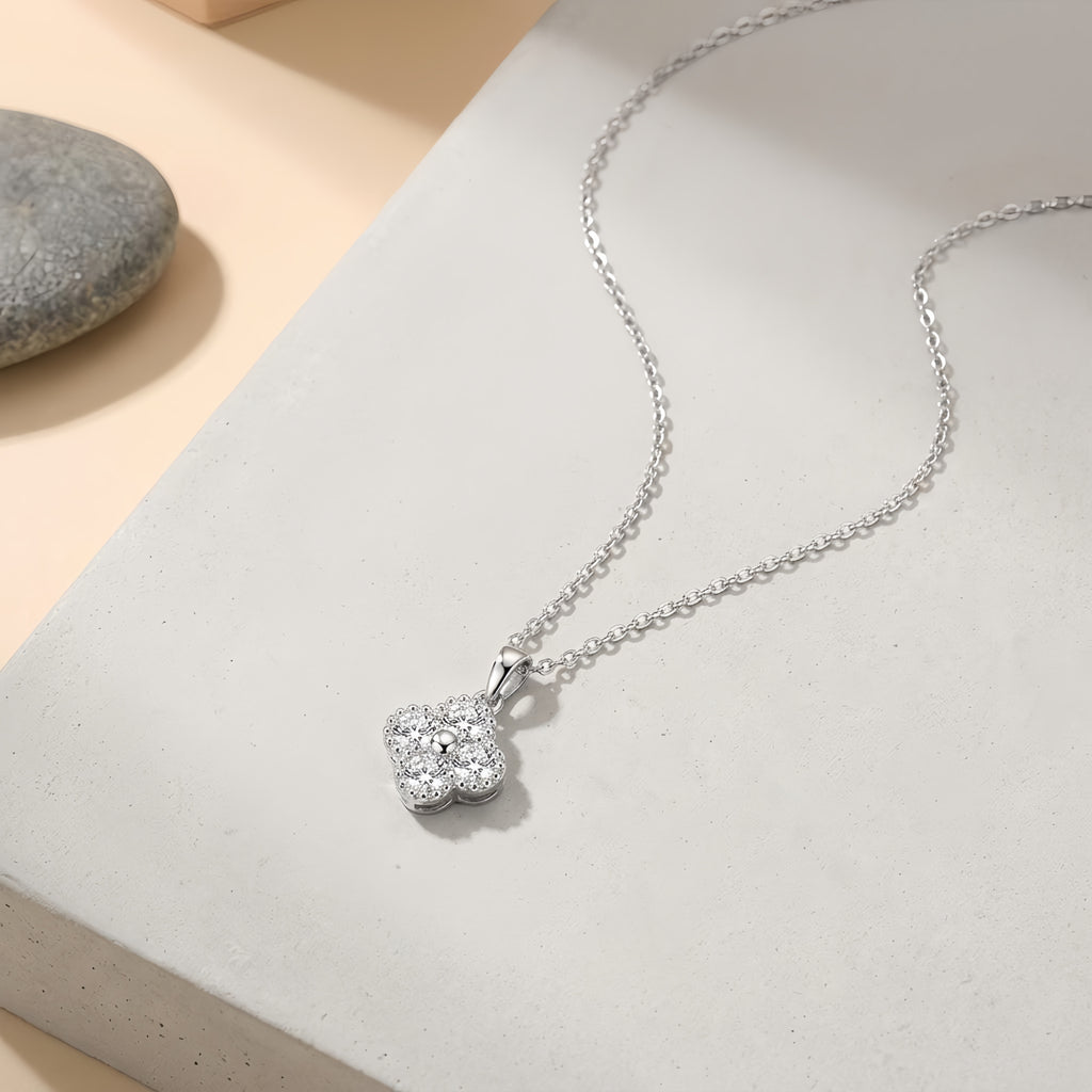925 Sterling Silver Elegant CZ Floral Pendant White Gold Necklace