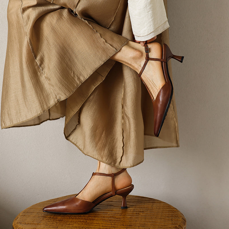 Women's Handmade Washed Full-Grain Lambskin T-Strap Slingback Heels, Vintage Pointed Toe Kitten Heel Sandals