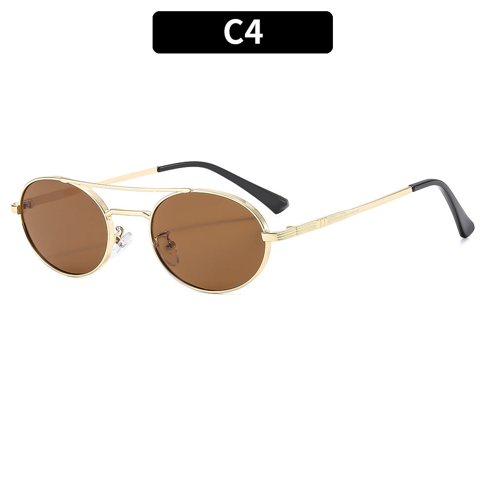 Retro Oval Fashionable Dual-Beam Metal Sunglasses For Sun Protection