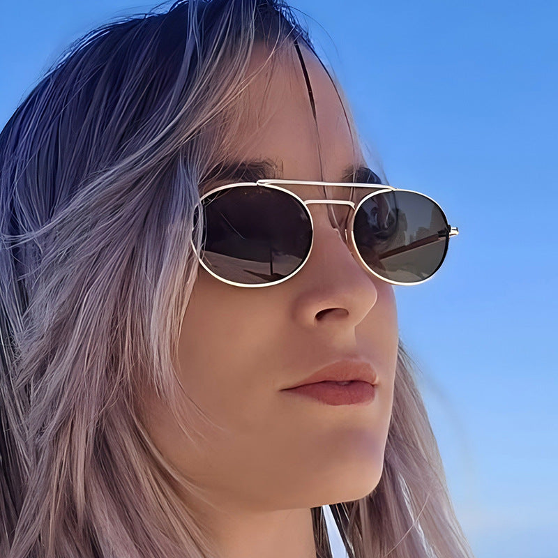 Retro Oval Fashionable Dual-Beam Metal Sunglasses For Sun Protection