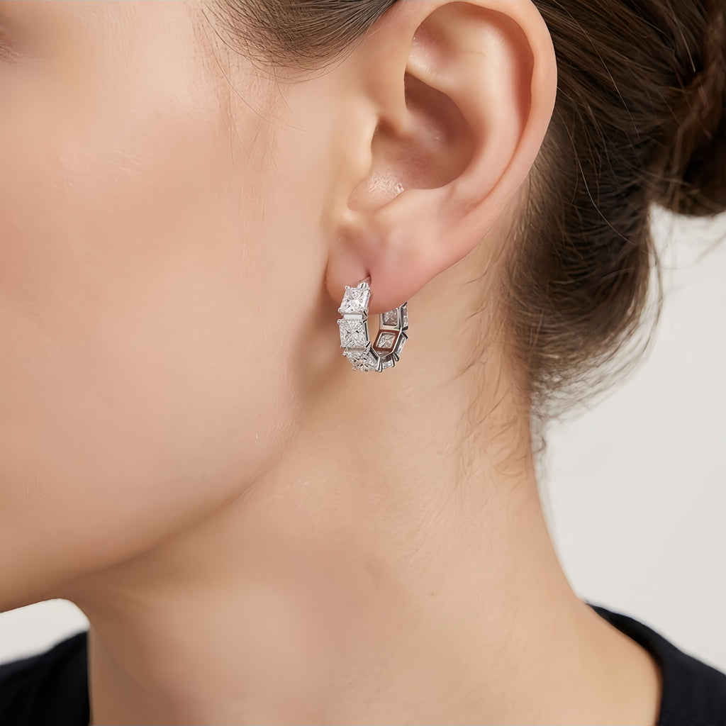 925 Sterling Silver Triple Princess-Cut CZ Hoop Earrings in Sterling