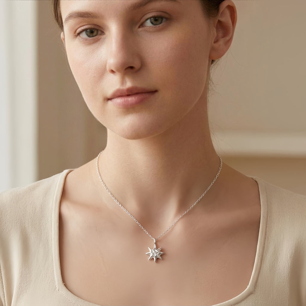 925 Sterling Silver Radiant  Starburst Pendant Necklace