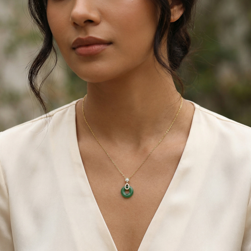 925 Sterling Silver Elegant Green Jade Donut Pendant Necklace with Sparkling Floral Accents