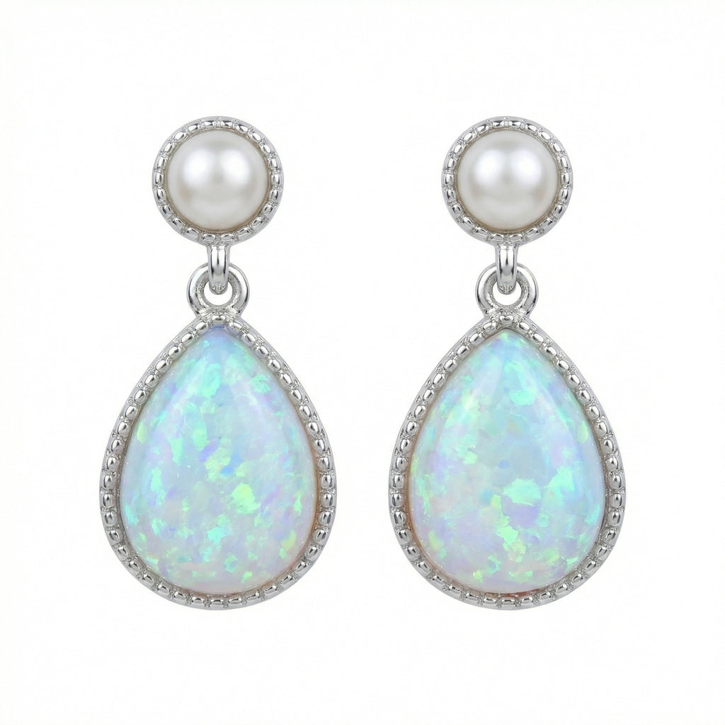 925 Sterling Silver Sterling Silver Teardrop Lab-Created White Opal and Pearl Drop Earrings