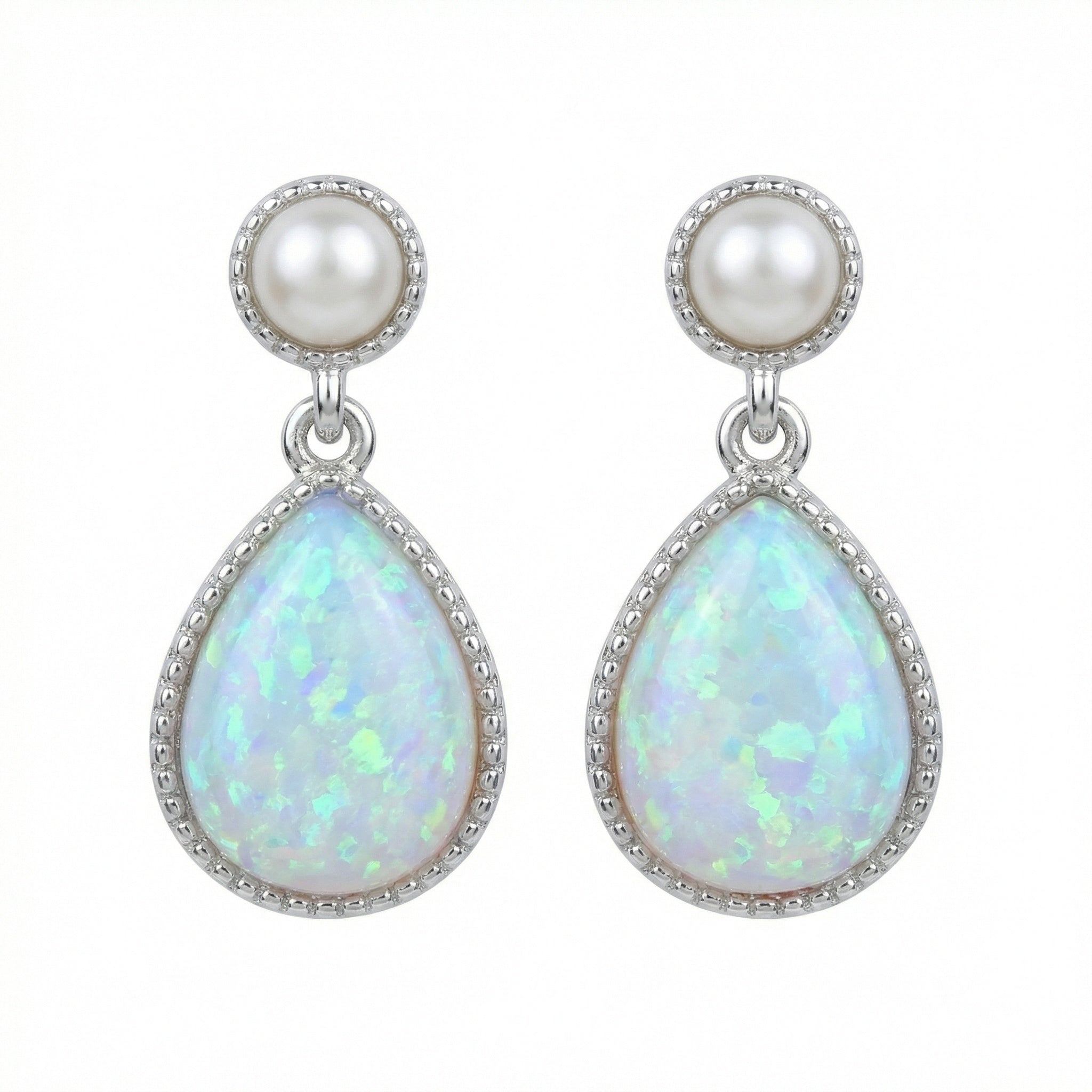 925 Sterling Silver Sterling Silver Teardrop Lab-Created White Opal and Pearl Drop Earrings