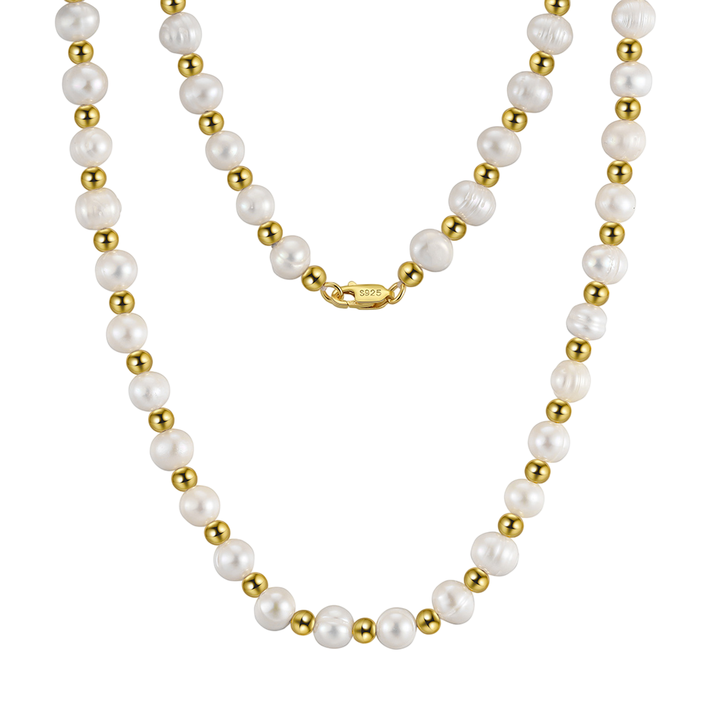 925 Sterling Silver Elegant Freshwater Pearl Necklace with Gilded Metallic Beads and S925 Sterling Silver Clasp