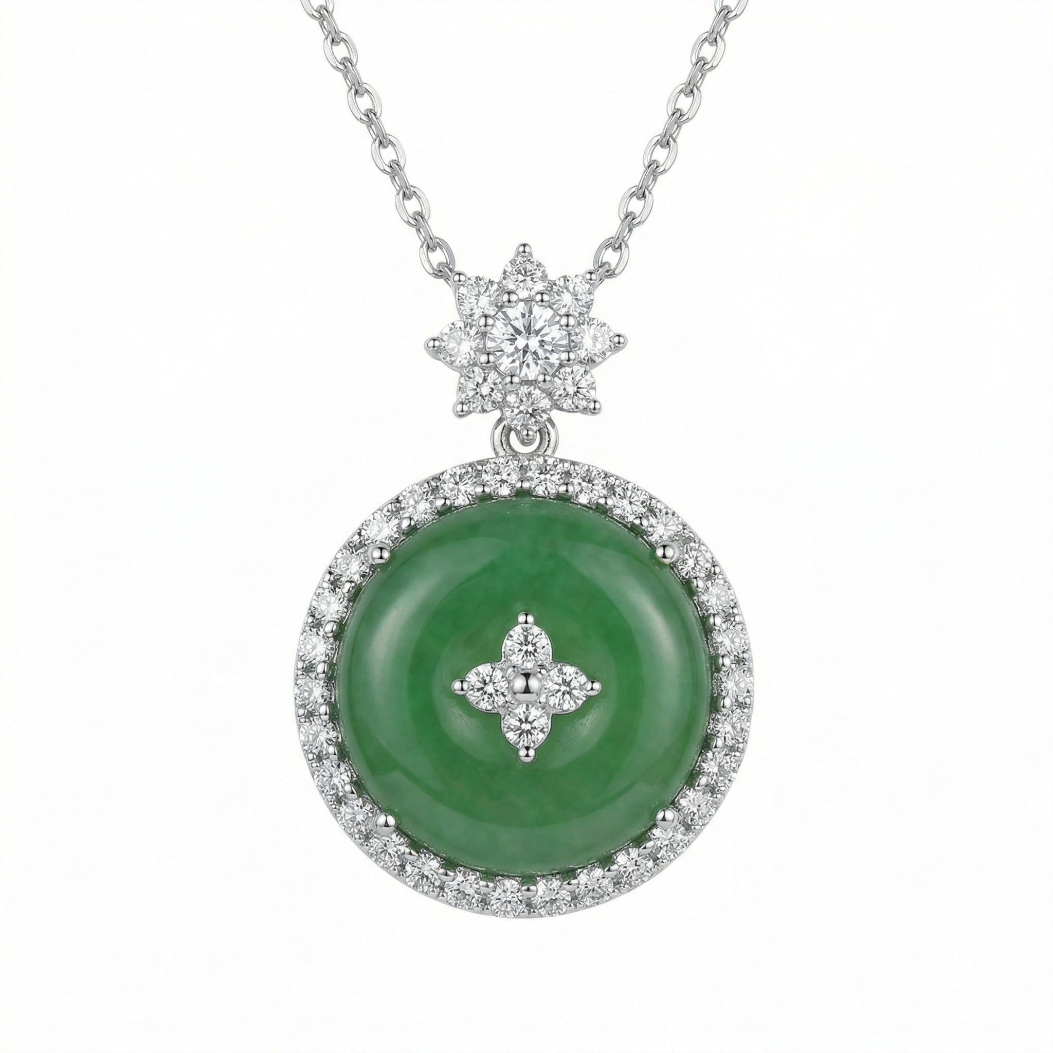 925 Sterling Silver Elegant Round Green Jade and Diamond Pendant Necklace with Floral Accents