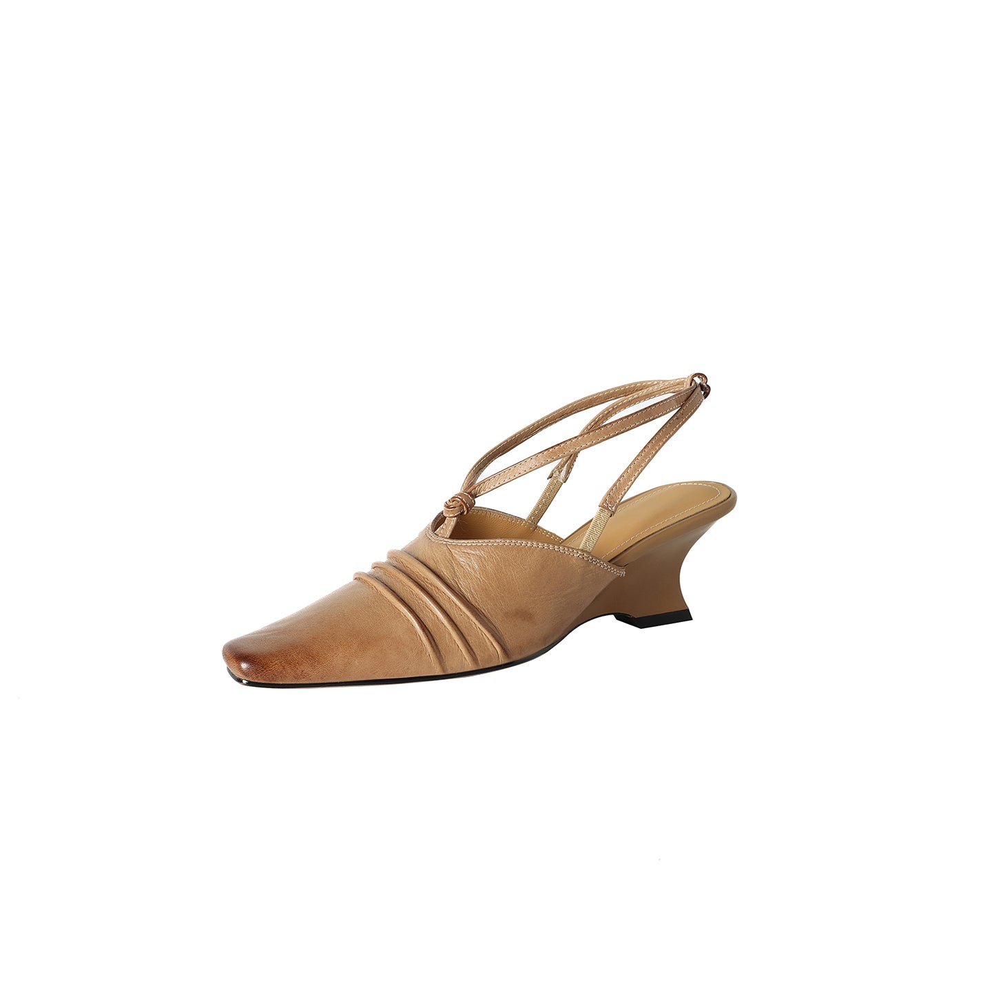 Premium Handmade Washed Leather Wedge Sandals, Women's Knotted Slingback Square Toe Shoes