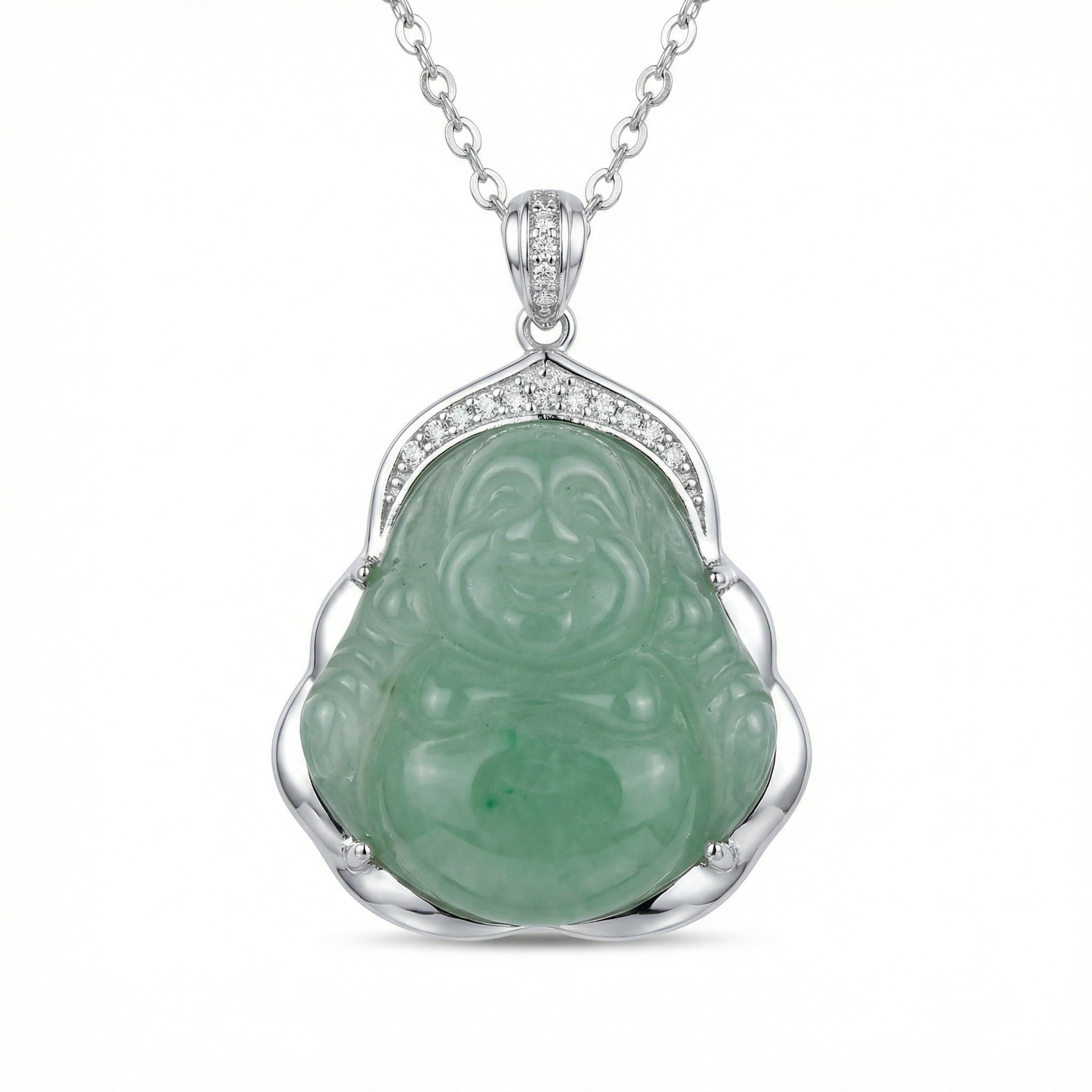 925 Sterling Silver Exquisite Green Jade Laughing Buddha Pendant Necklace in Sterling Silver with Shimmering Accents