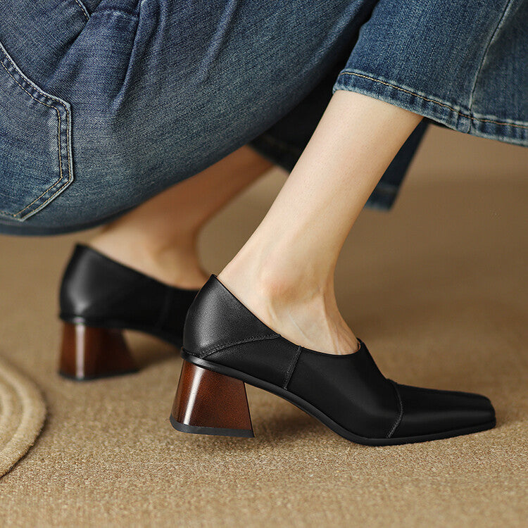 Retro Casual Women's All-leather Chunky Heel