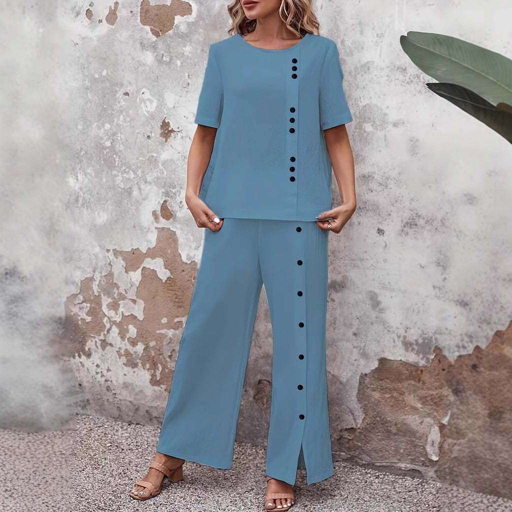 Two-piece Short-sleeve Button-up Top Loose-fit Womens Outfit