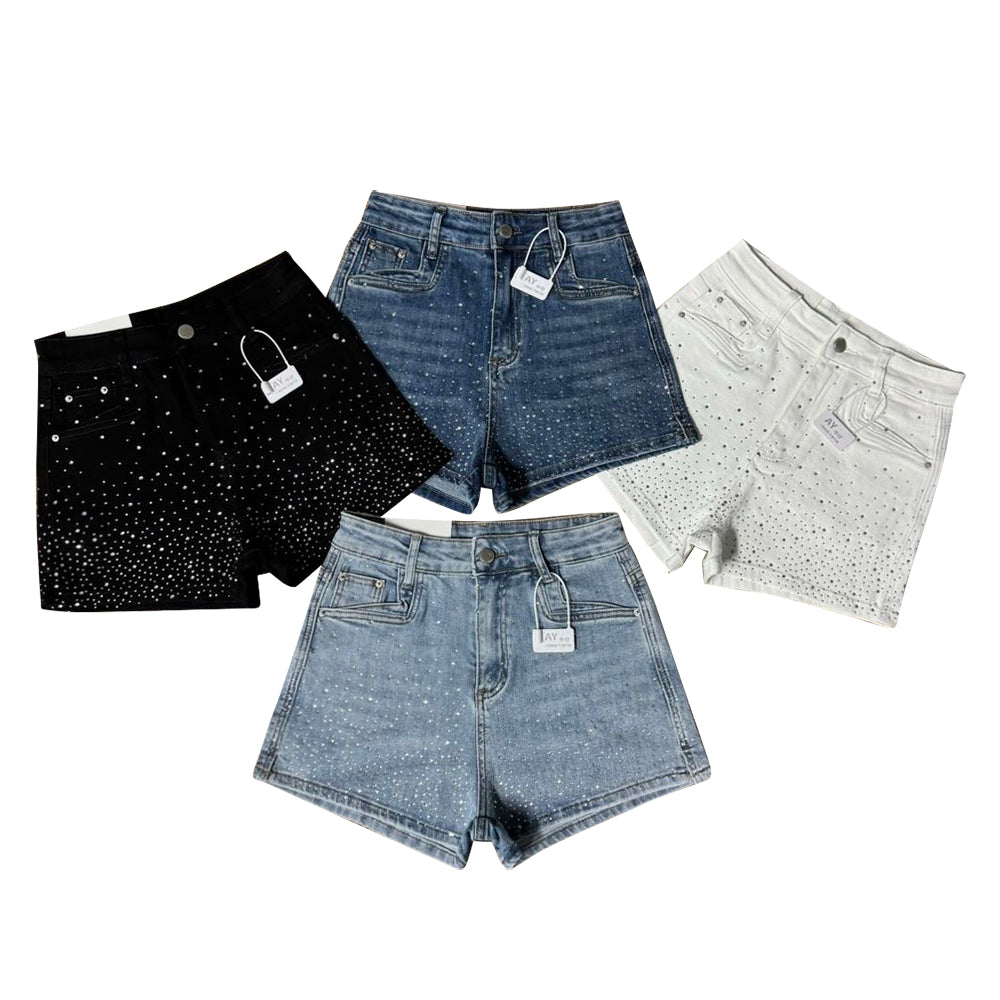 Women's High-Waisted Rhinestone Denim Shorts, Sparkly Studded Hot Pants In Light Black White