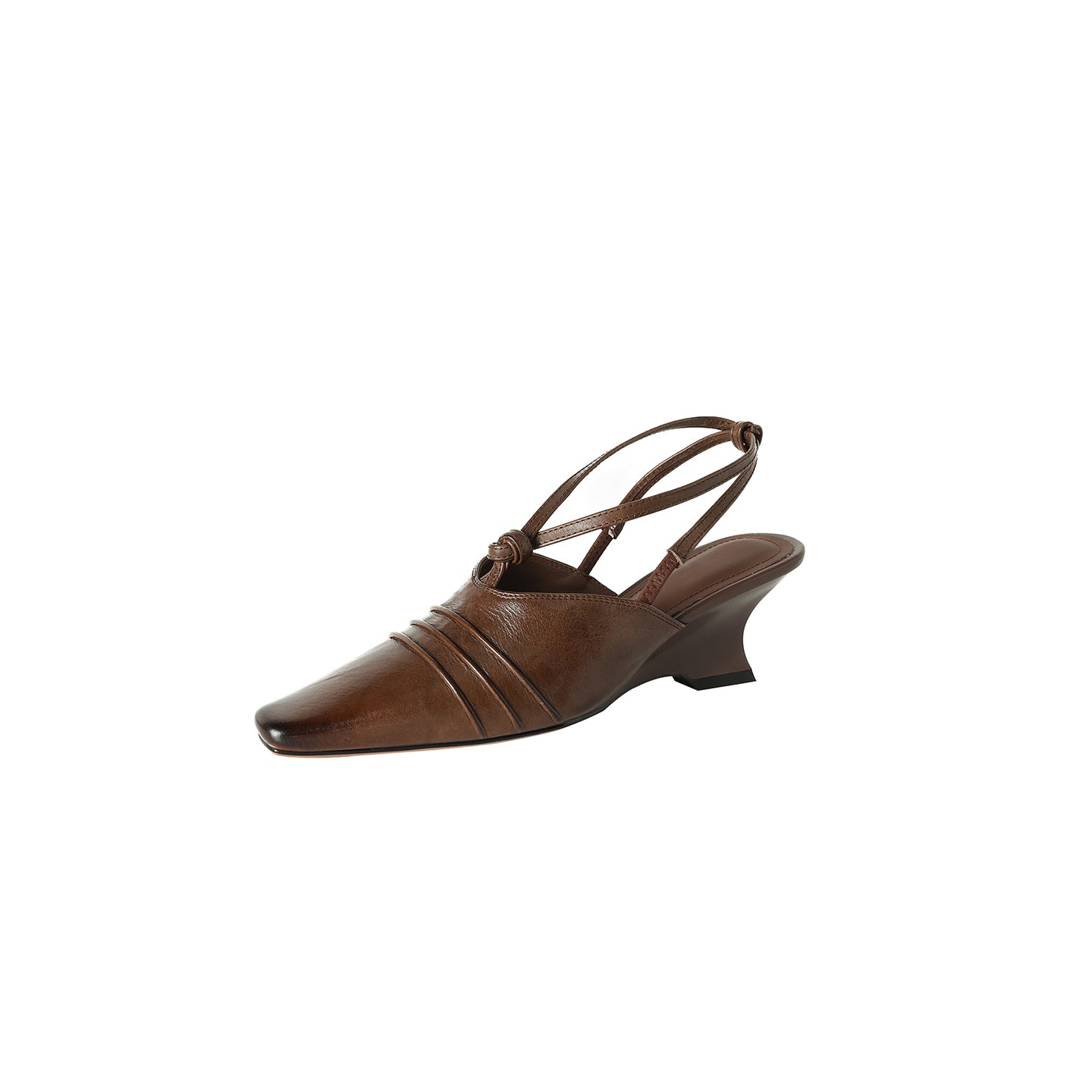 Premium Handmade Washed Leather Wedge Sandals, Women's Knotted Slingback Square Toe Shoes