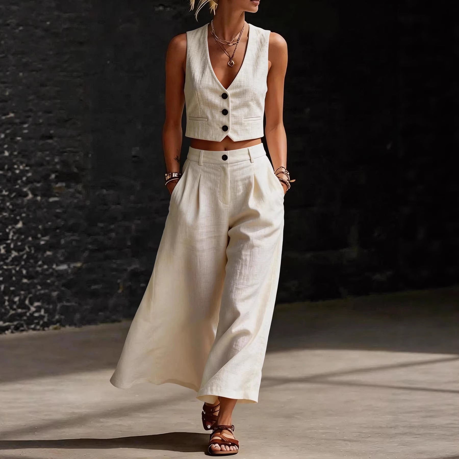 Womens Short V-Neck Vest And Wide-Leg Pants Set