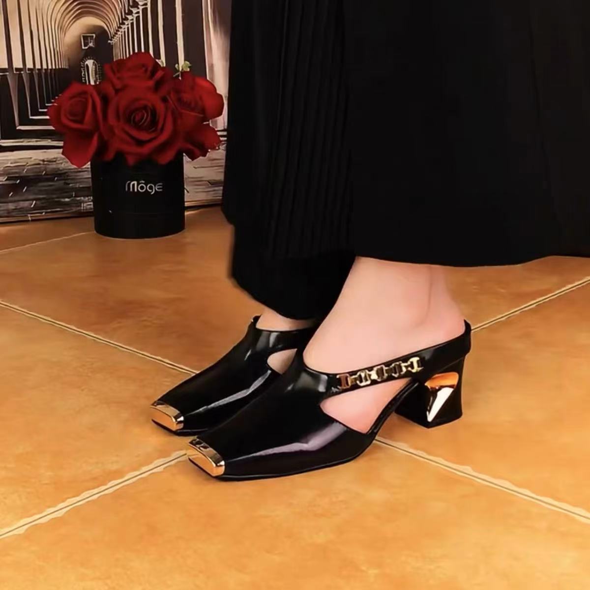 Womens High-heeled Shoes With A Square Toe And Metal-toe Cap Half-slipper Sandals